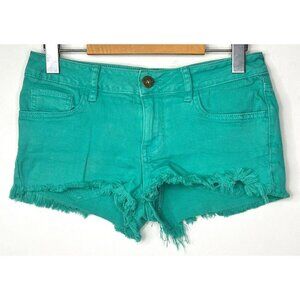 Bullhead Jean Shorts Cut Offs Women Size 5 Green Low Rise Stretch Denim Frayed